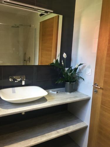 a bathroom with a sink and a mirror at Gite L olivier in Baho