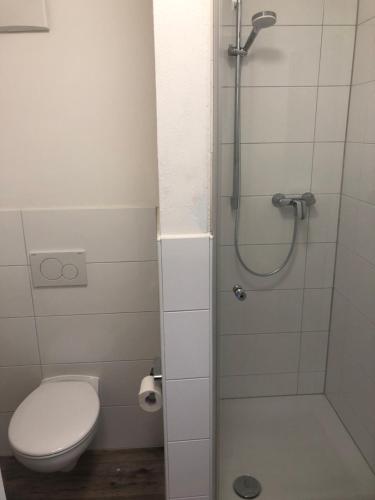 ein Bad mit WC und Dusche mit Toilettenpapier in der Unterkunft Haselnuss in Alzenau in Unterfranken