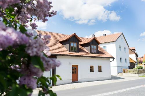 une maison blanche avec un toit marron dans l'établissement Ferienwohnungen Köhler, à Neualbenreuth