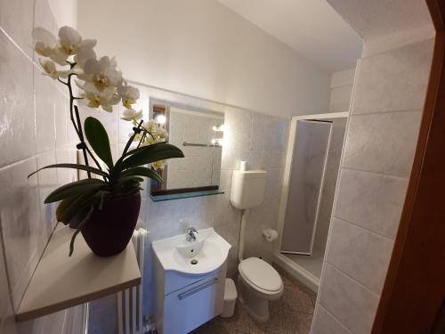 a bathroom with a sink and a toilet and a vase of flowers at Casa Valenti in Brenzone sul Garda
