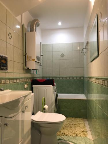 グダニスクにあるHugo Apartment Gdanskのバスルーム(トイレ、洗面台、バスタブ付)