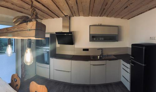 a kitchen with a sink and a refrigerator at Wald WG - Haus am Wald in Warmensteinach