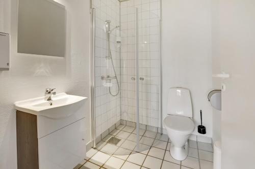 a bathroom with a shower and a toilet and a sink at Den Gamle Kro Hornslet in Hornslet