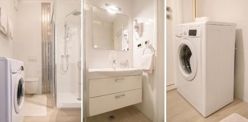 two pictures of a bathroom with a washer and dryer at Apartments Dora in Poreč