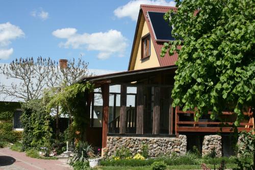 克拉斯諾布魯德的住宿－Agroturystyka "Pod Bluszczem"，一座带玻璃窗和树的房子