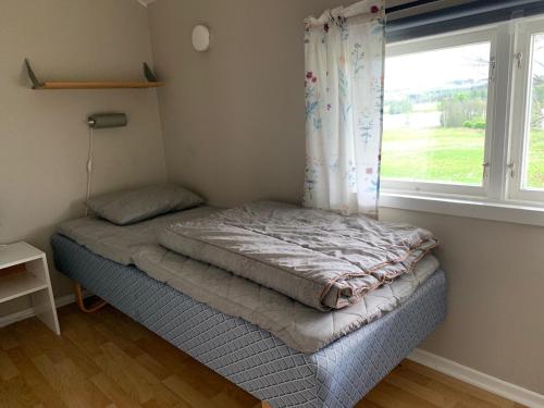 a small bed in a room with a window at Asa Vandrarhem in Lammhult