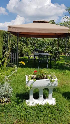 a picnic table with a large umbrella in a yard at Appartamento Dolcitalia in Lazise in Lazise