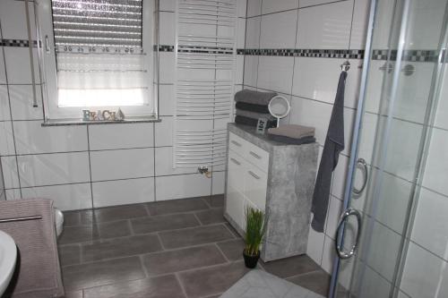a bathroom with a shower and a toilet and a sink at fewogriebelschied in Griebelschied