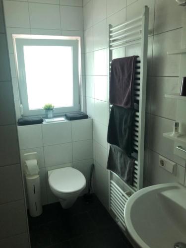 a bathroom with a toilet and a sink and a window at Gästehaus Glock II in Marbach am Neckar