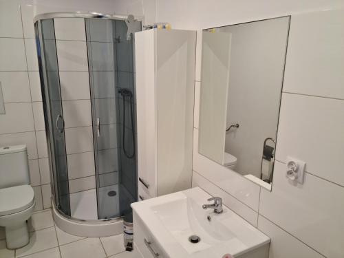 uma casa de banho com um lavatório, um chuveiro e um WC. em Apartament De Luxe Emily em Jelenia Góra