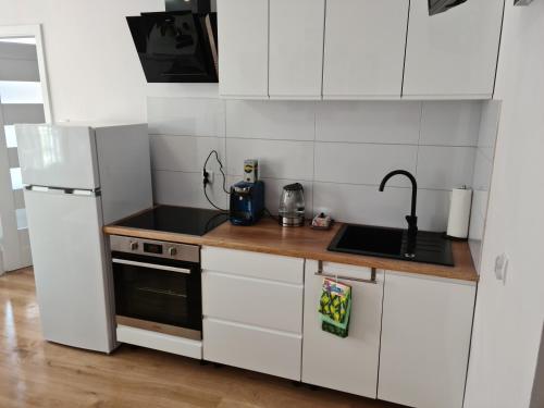uma cozinha branca com um lavatório e um frigorífico em Apartament De Luxe Emily em Jelenia Góra
