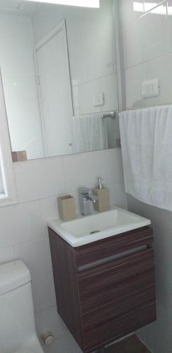 a bathroom with a sink and a mirror and a toilet at habitac privada Bed n Bkf Patagonia Norte - Puerto Varas Homestay - BnB Plus in Puerto Varas