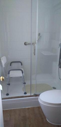 a shower in a bathroom with a chair next to a toilet at habitac privada Bed n Bkf Patagonia Norte - Puerto Varas Homestay - BnB Plus in Puerto Varas