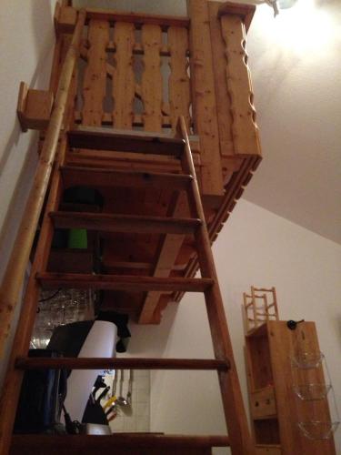 a ladder up to a loft bed in a room at Das Loreley Weinstuebchen in Sankt Goarshausen