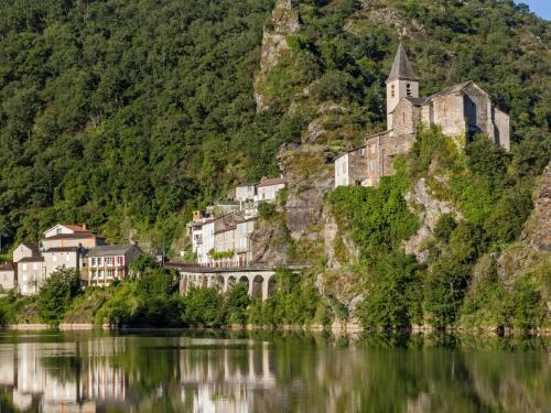 ein Schloss an der Seite eines Berges neben einem Wasserkörper in der Unterkunft Les Gîtes du Rocher et de la Boucle du Tarn in Ambialet