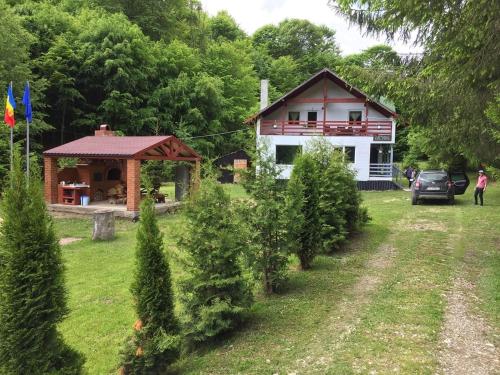 a house with a yard with trees in front of it at Cabana Khaliope in Floroaia Mică