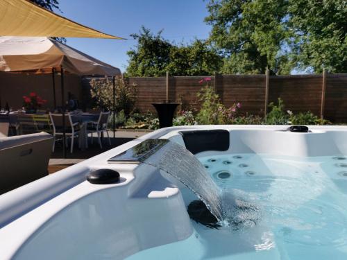 Le pavillon de l'herboriste 14p jacuzzi jardin في Tintigny: حوض الاستحمام مع تسرب المياه فيه