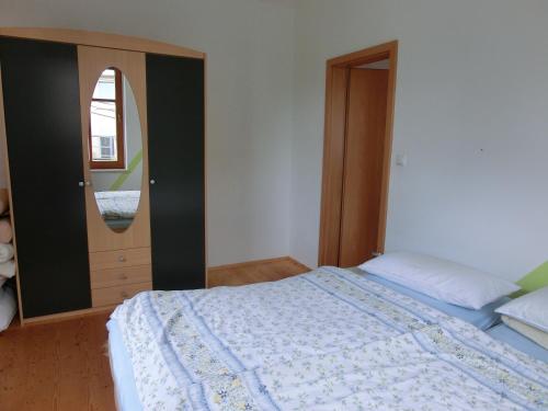 1 dormitorio con 1 cama grande y espejo en FeWo zwischen Augustusburg und Freiberg, en Eppendorf