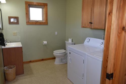 a bathroom with a toilet and a sink and a washing machine at Raven Guesthouse in Homer