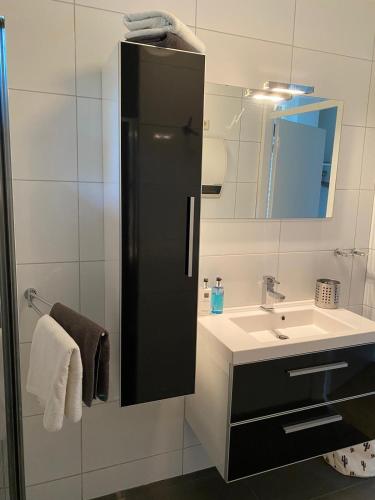 a bathroom with a sink and a mirror at Vakantiehuisje Time Out in Zelhem