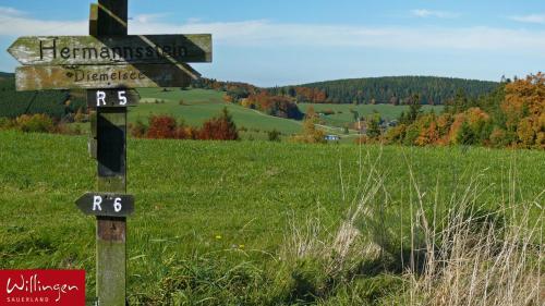 a wooden sign on a hill with a field at Göbels Landhotel in Willingen