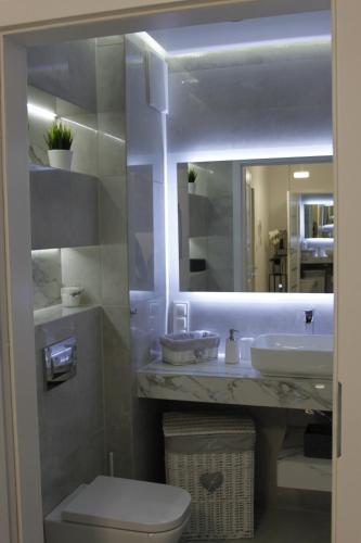 a bathroom with a sink and a toilet and a mirror at Apartament Wrocław Centrum Galeria Magnolia in Wrocław
