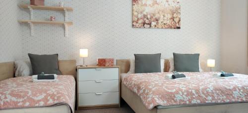 a bedroom with two beds and a painting on the wall at Penzion Bílá voda in Harrachov