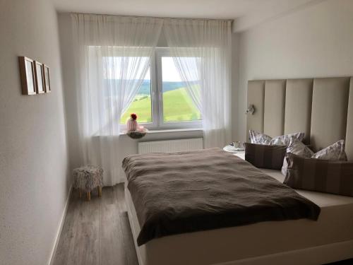sypialnia z dużym łóżkiem i oknem w obiekcie Fewo Auszeit zum Anspel w mieście Medebach
