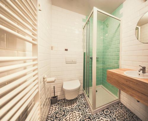a bathroom with a shower and a toilet and a sink at Vila Koman Jezersko in Zgornje Jezersko