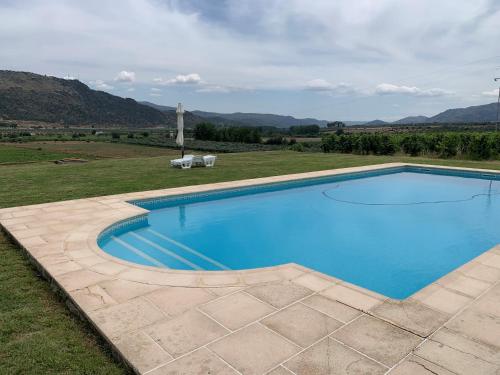 une grande piscine bleue avec vue sur un champ dans l'établissement Quinta Sta Luzia Carrascal, à Vila Flor