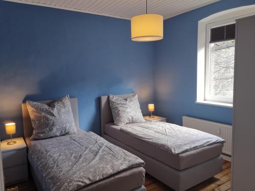 a bedroom with two beds and a blue wall at Freiraum in Flensburg
