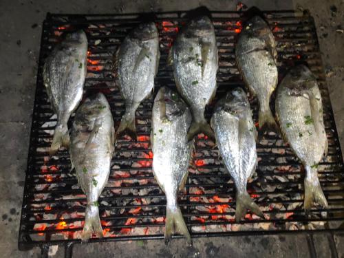 a group of fish cooking on a grill at Apartman Školj in Jovići
