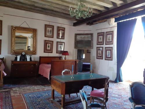 a bedroom with a bed and a table and a mirror at Chateau de Chémery in Chémery