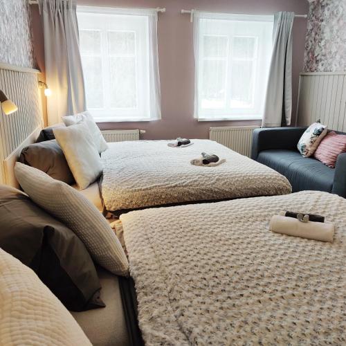 a bedroom with two beds and a couch and windows at Penzion Bílá voda in Harrachov