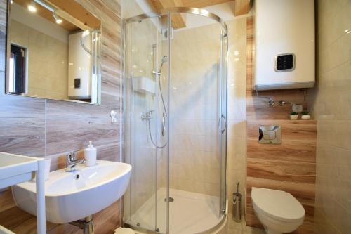 a bathroom with a shower and a sink and a toilet at Domki Letniskowe Marina in Grzybowo