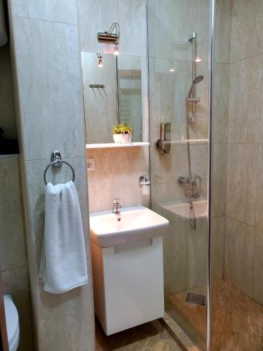 a bathroom with a sink and a glass shower at Zlatibor Hills Royal in Zlatibor