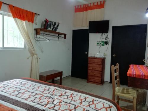 a bedroom with a bed and a desk and a television at Kali Huasteca Posada in Ciudad Valles