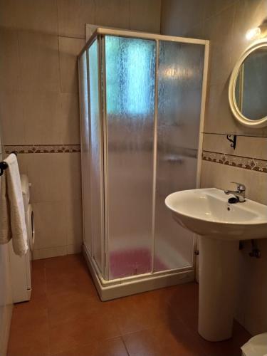 a bathroom with a shower and a sink at Cortijo la Joya in Cómpeta