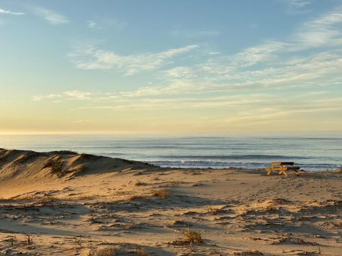 a picnic table sitting on a beach near the ocean at The Blue Dragonfly in Jeffreys Bay