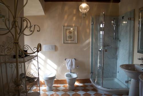 a bathroom with a shower and a toilet and a sink at Hotel Torre di San Martino in Gazzola Di Rivalta