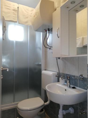 a bathroom with a toilet and a sink and a shower at Mitan apartman in Tučepi