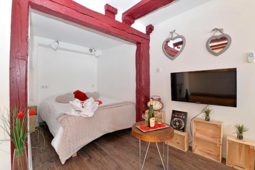 1 dormitorio con 1 cama, TV y mesa en La stub de la Petite Venise, en Colmar