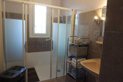 uma casa de banho com um chuveiro e um lavatório. em Maison Andinette em Blis-et-Born