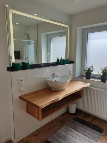 a bathroom with a sink and a mirror at bs-fewo de - Ferienwohnung Janssen in Braunschweig