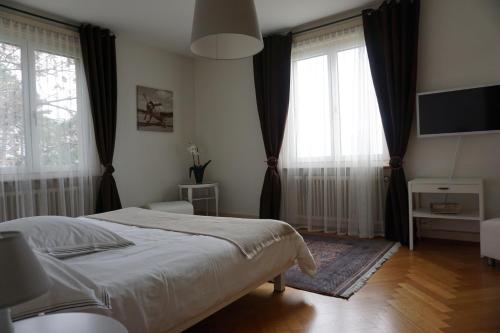 a bedroom with a bed and two large windows at Maujobia 31 in Neuchâtel
