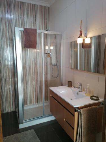 a bathroom with a shower and a sink at Casa da Praia em Porto Côvo in Porto Covo