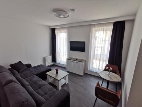 - un salon avec un canapé et une table dans l'établissement HP Apartments, à Neu-Ulm