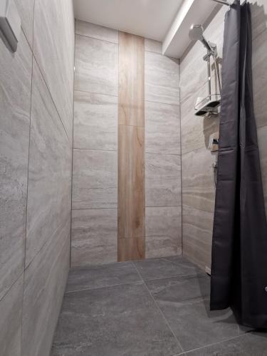 a bathroom with a walk in shower with a wall at HP Apartments in Neu-Ulm