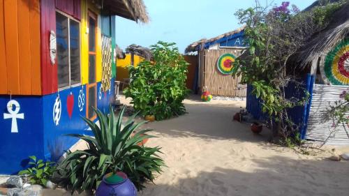a yard with colorful houses and a plant at A&Y Wild Camp Ghana in Keta