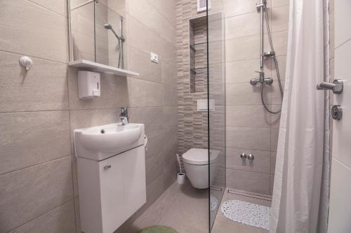 a bathroom with a shower and a sink and a toilet at Apartment Aurea in Primošten